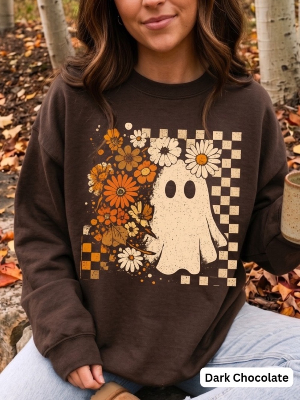 Dark Chocolate Ghost & Floral Graphic Sweatshirt